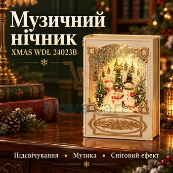 Різдвяний нічник-книга зі сніговиками, музичний LED декор для столу, новорічний сувенір зі сніговим вихором
