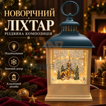 Різдвяний світильник із церквою, декоративний нічник для комода, зимовий ліхтар із прозорими віконцями Біло-синій