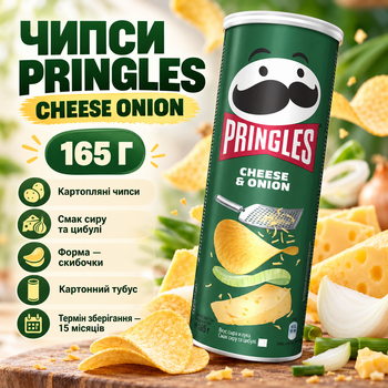 Чипси Pringles Cheese Onion картопляні зі смаком сиру цибулі хрустка закуска скибочками у картонному тубусі 165 г