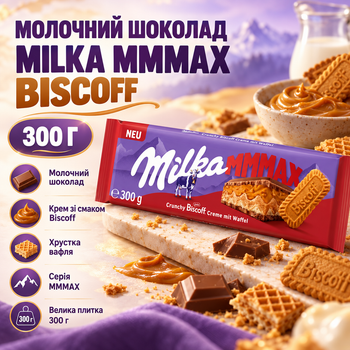 Шоколад молочный Milka Biscoff MMMAX с кремовой начинкой карамелизированным печеньем хрустящей вафлей десертная большая плитка 300 г