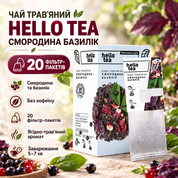 Чай трав'яний Hello Tea Смородина Базилік пакетований ягідний ароматний без кофеїну з натуральними ягодами листям у фільтр пакетах 20 шт для чашки