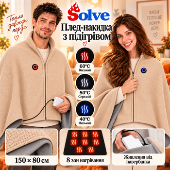 Плед-накидка с подогревом Solve 150х80 см USB от повербанка, 8 зон нагрева, на флисе, бежевый KT9009501