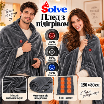 Плед с подогревом Solve 150х80 см USB от повербанка, 8 зон нагрева, 3 режима, серый KT9009521