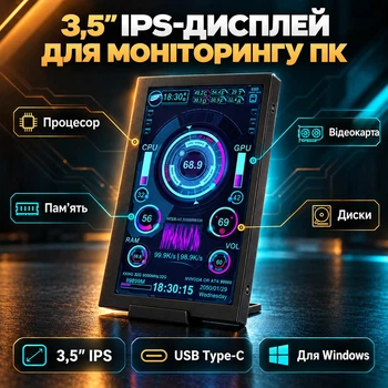 3.5" IPS додатковий екран, вторинний дисплей Type-C для моніторингу CPU GPU RAM HDD (Windows), Чорний