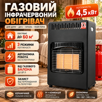 Газовий обігрівач для дому 4,5 кВт до 60 м² Керамічний інфрачервоний обігрівач Підлоговий нагрівач від балона 3 режими
