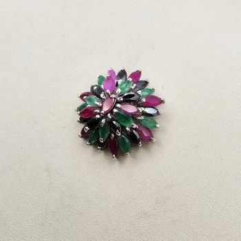 Брошка серебряная с изумрудом, сапфиром, рубином 4,1 г
