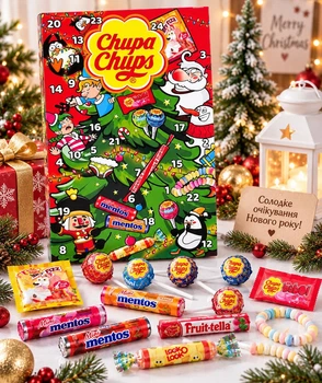 Адвент-календар Новорічний Chupa Chups Christmas Advent Calendar Чупа Чупс з цукерками льодяниками та жувальними солодощами 24 сюр