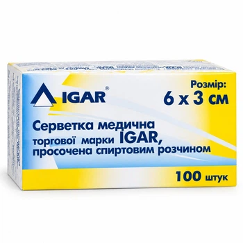 Салфетки медицинские Igar, пропитанные спиртовым раствором 6х3 см, 100 шт.