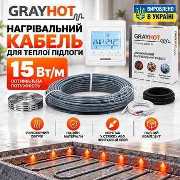 Тепла підлога Grayhot 8,6м2-14,4м2 1725Вт (115м) нагрівальний кабель під плитку з сенсорним програмованим терморегулятором E 51