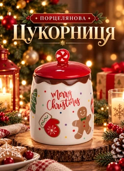 Фарфоровая сахарница с крышкой Merry Christmas 13х9 см емкость для сыпучих новогодняя посуда на стол на подарок