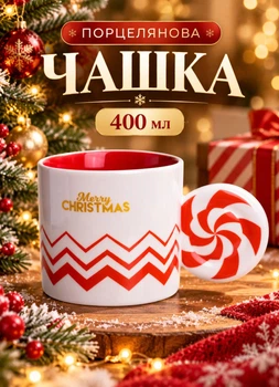 Чашка новогодняя фарфоровая 400 мл Merry Christmas чашка на подарок с новогодним принтом для ребенка детей Белый с красным