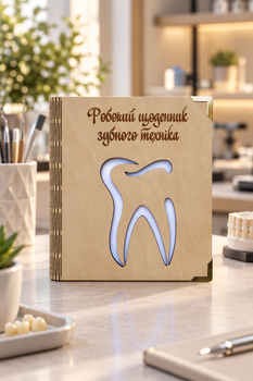 Деревянный блокнот "Робочий щоденник зубного техніка" (на цельной обложке с ручкой), ежедневник из дерева
