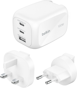Зарядний пристрій Belkin 3-Port GaN Wall Charger 100W + Travel Adapter Kit White (WCH016HQWH)