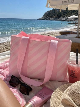 Полосатая сумка-шопер Victoria's Secret Canvas Tote Bag Pink Stripes розового цвета арт. 30963