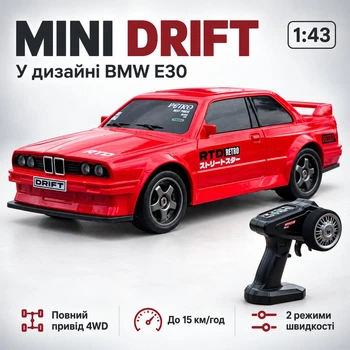 Радиоуправляемая машинка BMW E30 Mini Drift 1:43 4WD на пульте управления, RC дрифт автомобиль до 15 км/ч, LED, USB, комплект конусов