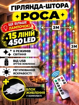 Светодиодная гирлянда штора роса Niki Light штора от USB 8 режимов гирлянда занавес с пультом 15 линий 450 LED 3x3м разноцветный мультиколор