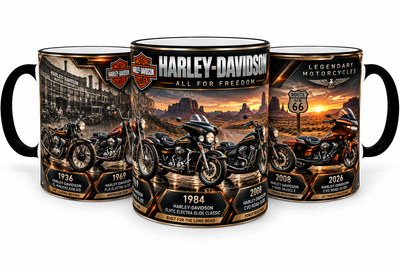 Кружка с принтом мотоциклов Harley-Davidson, серия Moto Legends, 330 мл, чёрная ручка