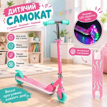 Двухколесный самокат со светящейся декой, складной, розовый для девочки Best Scooter (X3-31689)