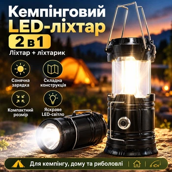 Универсальный складной кемпинговый фонарь с солнечной панелью функцией зарядки телефона USB выходом и 360° освещением