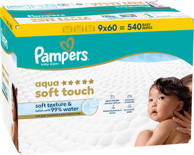 Zestaw chusteczek nawilżanych Pampers Aqua Soft Touch 9 x 60 szt (8006530460118)