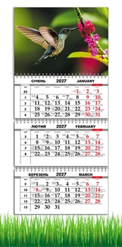 Календарь настенный квартальный на 2027 год на три пружины, Apriori , Колибри , Природа , 29,7х61 см