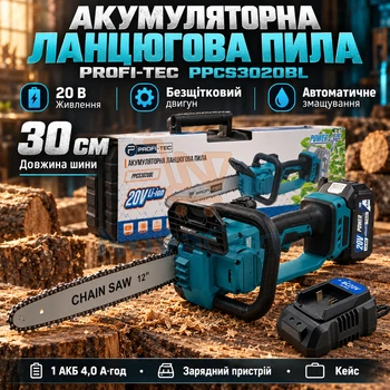 Садовая цепная пила 30 см, аккумуляторная электропила для дров 20 В, пила для веток с кейсом и батареей