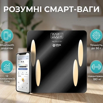 Электронные напольные смарт-весы BITEK BT-1607 до 180 кг. Bluetooth с приложением для телефона