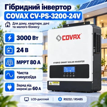 Гибридный инвертор 3000 Вт / 24 В / 60 А / COVAX CV-PS-3200-24V солнечный с чистой синусоидой