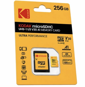 Карта пам’яті Kodak microSDHC 256GB UHS-I U3 V30 A1 Class 10 до 100MB/s + SD адаптер для телефону, камери, дрона