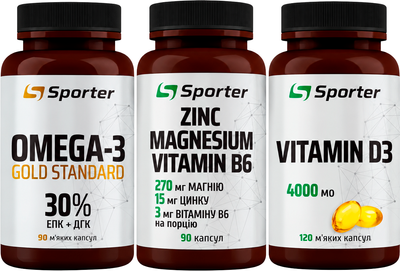 Щоденна база Sporter Омега-3 Gold Standard 30% 90 капсул + Вітамінно-мінеральний комплекс Zinc Magnesium Vitamin B6 90 капсул + Вітамін D3 4000 МО 120 капсул (4820249725290/4820249724798/4820249725221)