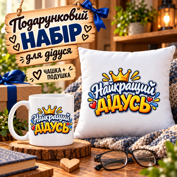 Подарочный набор для дедушки «Лучший дедушка» — чашка 330 мл и подушка 35×35 см