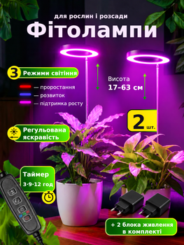 Фитолампа 2 шт для растений кольцевая полного спектра LED фитосветильник для комнатных цветов, рассады, орхидей фито лампа