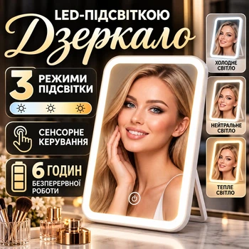Зеркало для макияжа с LED-подсветкой, USB, аккумуляторное, беспроводное, 3 режима подсветки, косметическое настольное зеркало NS-2834