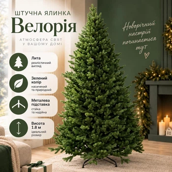Штучна лита люкс ялинка Велорія висотою 1.8 м розкішна новорічна складна ялинка преміум класу з полімеру, різдв'яна пишна довговічна ялинка з густими гілками та складною металевою підставкою для дому Зелений