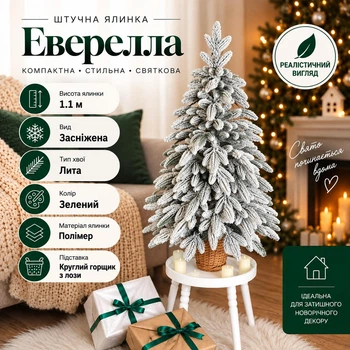 Штучна лита засніжена ялинка Еверелла висотою 1.1 м розкішна новорічна ялинка у круглому горщику з лози, різдвяна пишна довговічна ялинка з густими гілками для дому Зелений