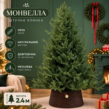 Штучна лита люкс ялинка Монвелла висотою 2.4 м розкішна новорічна складна ялинка з полімеру, різдв'яна пишна довговічна ялинка з густими гілками та складною металевою підставкою для дому Зелений