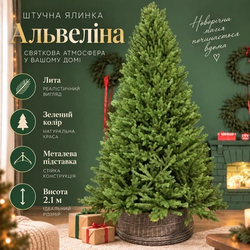 Штучна лита преміум ялинка Альвеліна висотою 2.1 м розкішна новорічна складна ялинка з полімеру, різдв'яна пишна довговічна ялинка з густими гілками та складною металевою підставкою для дому Зелений