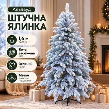 Штучна засніжена лита ялинка Альпвуд 1.6 м розкішна новорічна ялинка, різдвяна пишна довговічна ялинка з густими гілками з полімеру та складною металевою підставкою для дому Зелений