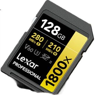 Карта памяти Lexar SD 128 ГБ C10 U3 V60 для высокоскоростной цифровой камеры: скорость чтения 280 МБ/с, скорость записи 210 МБ/с, плавная съемка 4K (1800x).