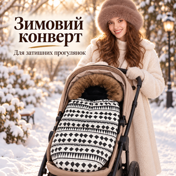 Зимний детский конверт в коляску KTD101 «Белый с ромбом», универсальный, утеплённый, с меховой опушкой и плюшевой подкладкой