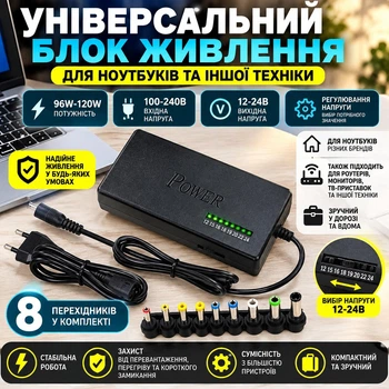 Универсальный блок питания , Зарядка для ноутбука 12-24В , Мощность 96W-120W