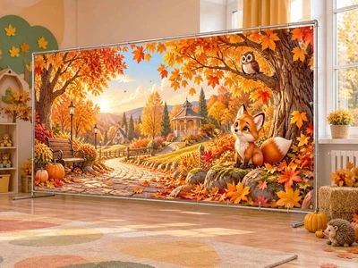 Осенний баннер для фотозоны PHOTODECOR «Лисичка и сова у осенней усадьбы» 1 кв.м