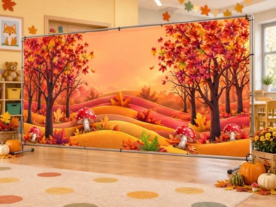 Осенний баннер для фотозоны PHOTODECOR «Нарисованные осенние холмы с грибочками» 1 кв.м