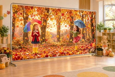 Осенний баннер для фотозоны PHOTODECOR «Девочки с зонтиками в осеннем лесу» 1 кв.м