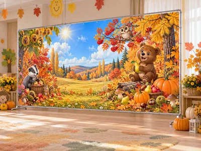 Осенний баннер для фотозоны PHOTODECOR «Медвежонок и енот возле осенних тыкв» 1 кв.м
