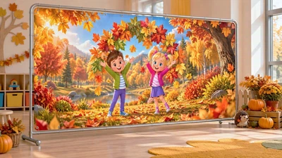 Осенний баннер для фотозоны PHOTODECOR «Мальчик и девочка с осенними листьями» 1 кв.м