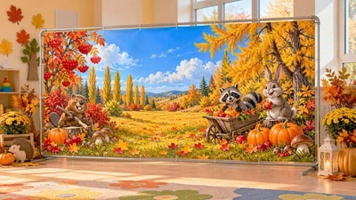Осенний баннер для фотозоны PHOTODECOR «Енот в корзине на осенней поляне» 1 кв.м