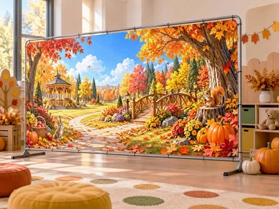 Осенний баннер для фотозоны PHOTODECOR «Беседка и мостик в осеннем парке» 1 кв.м