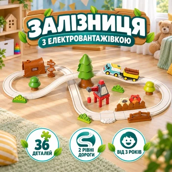 Дитяча залізниця Homkey Forest Track з електровантажівкою, магнітним краном і тунелем, 36 деталей