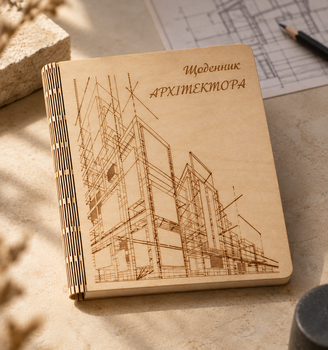 Деревянный блокнот архитектора "Щоденник архитектораархітектора" (на цельной обложке с ручкой), блокнот из дерева